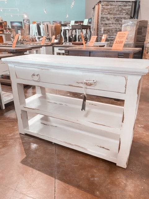 TRADITIONAL VICTORIA SOFA TABLE W/ ANTIQUE WHITE STAIN - The Rustic Mile