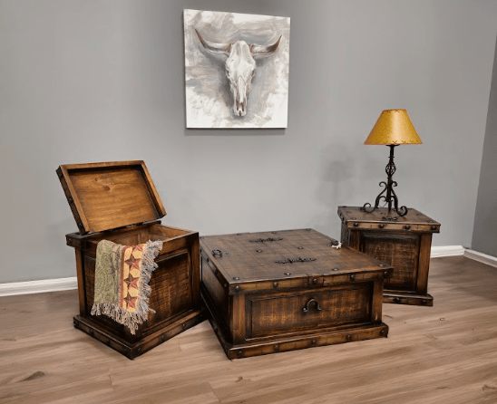 GRAND HACIENDA TRUNK COFFEE TABLE AND TWO TRUNK END TABLES