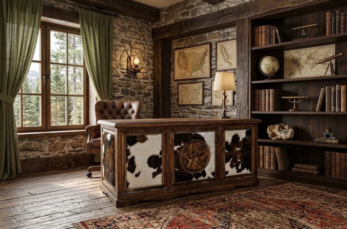 TRADITIONAL COWHIDE EXECUTIVE DESK WITH COWHIDE AND STAR – The Rustic Mile