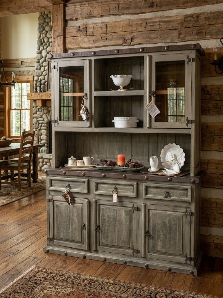 RUSTIC 3 DOOR BUFFET AND HUTCH W/ WEATHERED FARM HOUSE STAIN – The ...