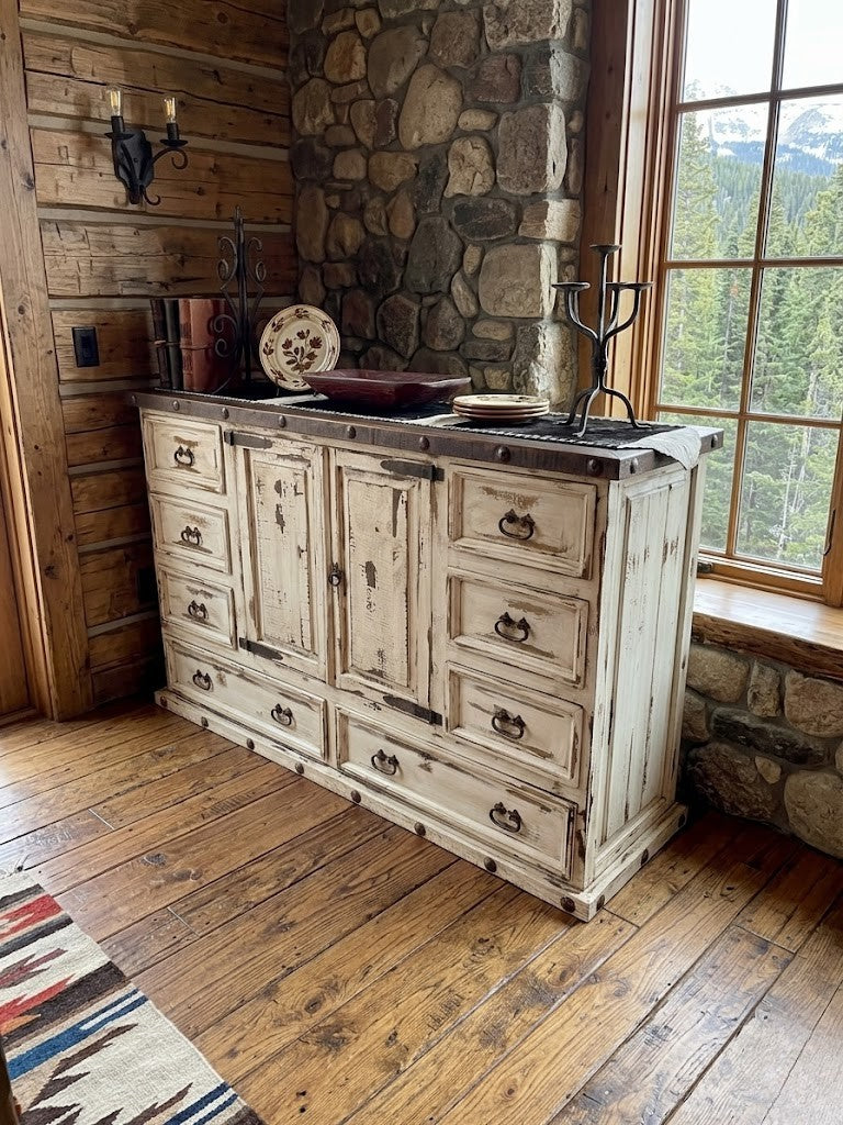 RUSTIC EXTRA-LARGE DRESSER W/ OLDIE WHITE STAIN RUSTIC EXTRA-LARGE DRESSER W/ OLDIE WHITE STAIN