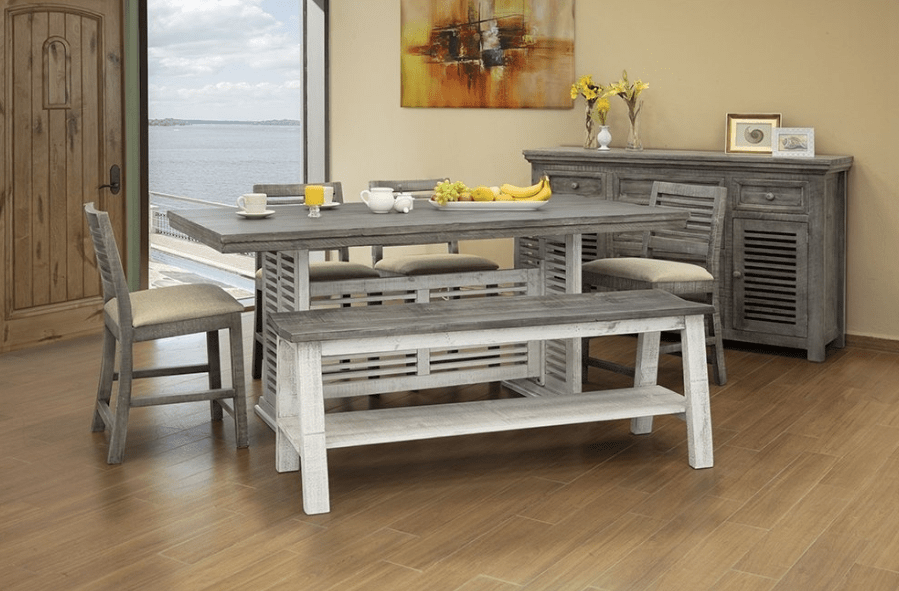 STONE DINING COUNTER HEIGHT TABLE WITH 4 CHAIRS AND A BENCH - The Rustic Mile
