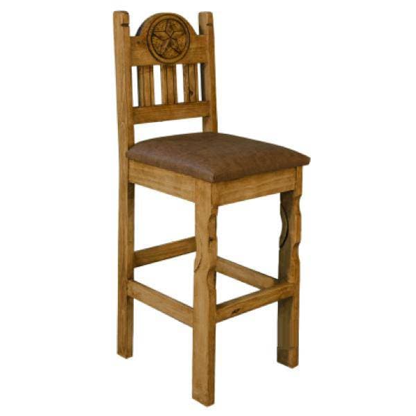 TRADITIONAL TEXAS BARSTOOL WITH CUSHION AND CARVED STAR - The Rustic Mile