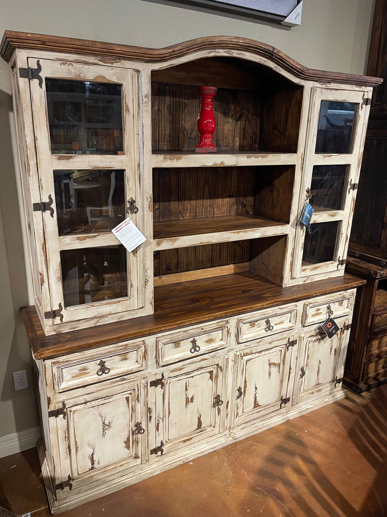 TRADITIONAL 4 DOOR BUFFET AND HUTCH W/ OLDIE WHITE STAIN - The Rustic Mile