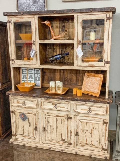 RUSTIC 3 DOOR BUFFET AND HUTCH W/ OLDIE WHITE STAIN